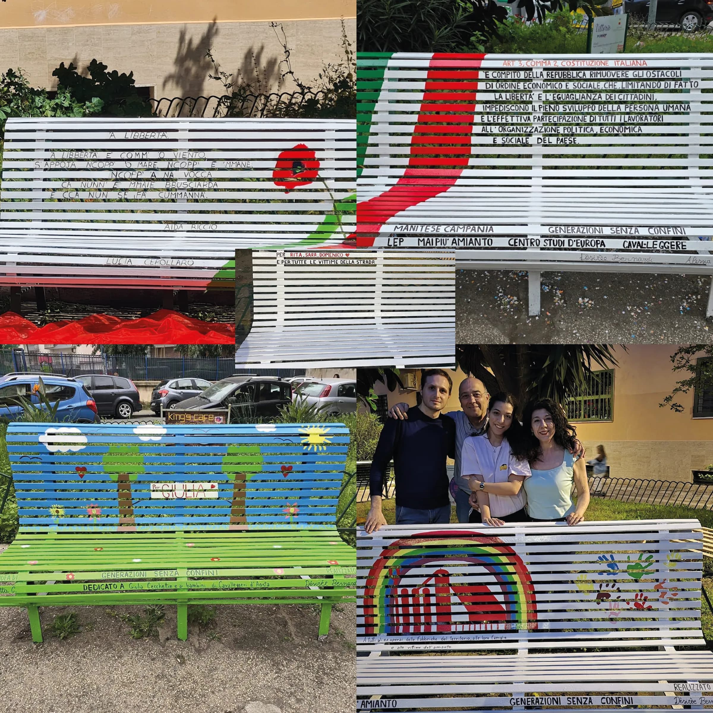 Le panchine culturali dipinte dall’associazione: una con il tricolore e l’articolo 3 della Costituzione, una con un papavero e una poesia, una colorata dedicata a Giulia, una con l’arcobaleno